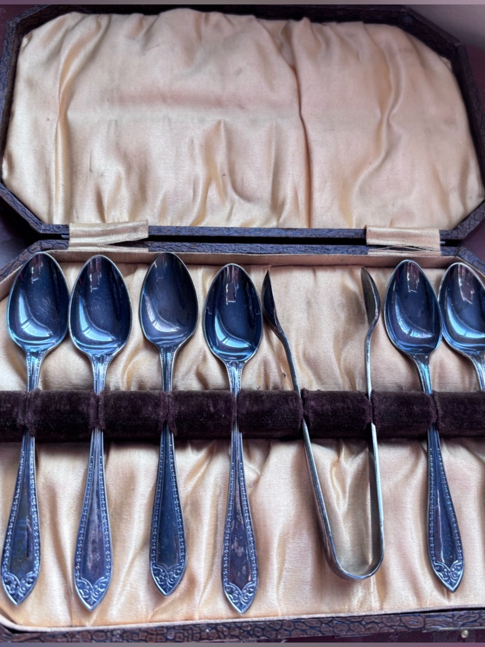 Vintage 40s Antique Apostle Tea Spoon & Sugar aThongs Silver Pkated Set 7 Piece